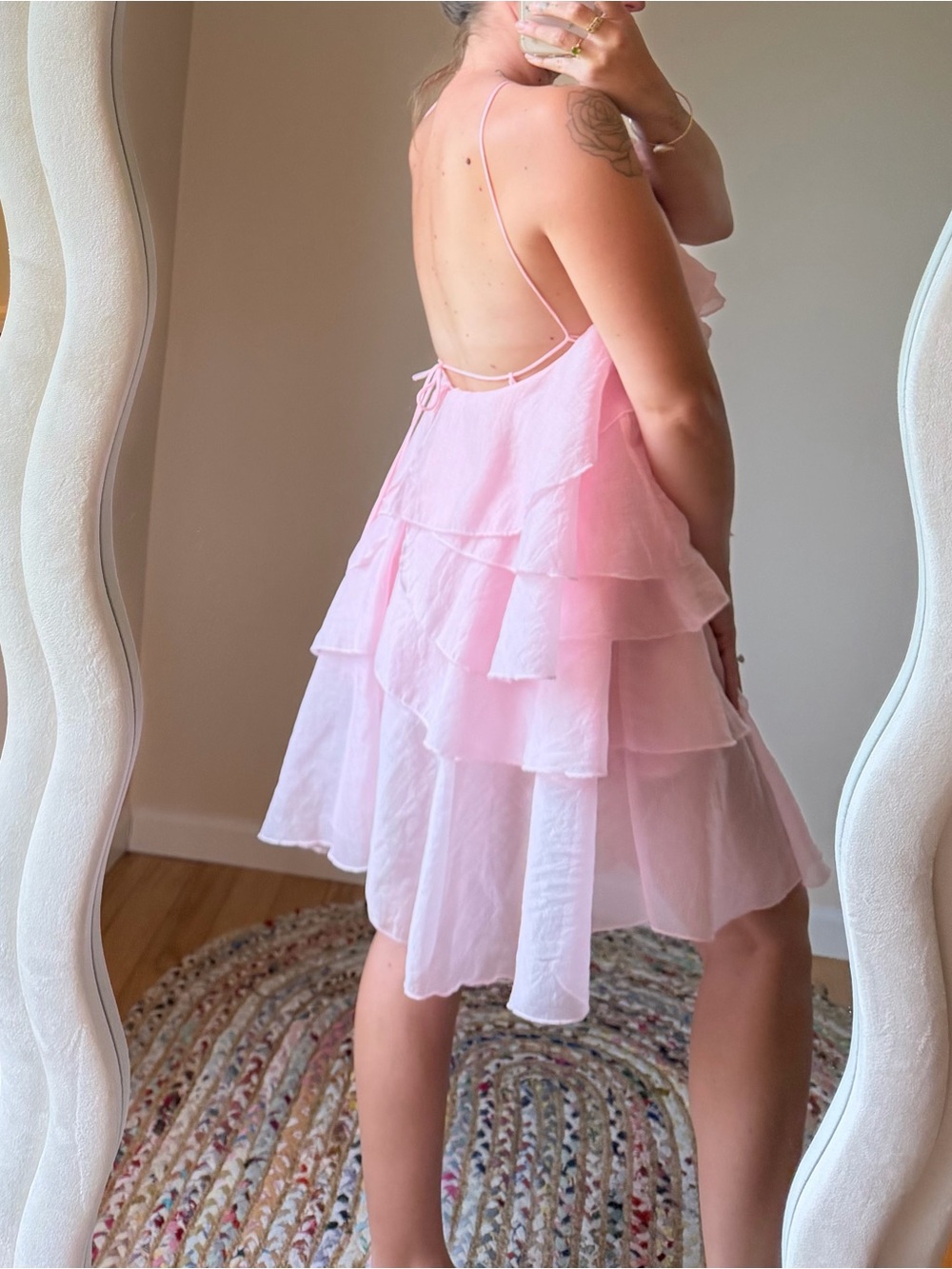 Womens Pink Layered Ruffle Halter Dress - Picture 3 of 6